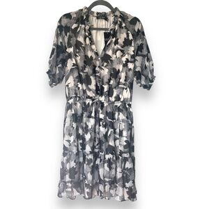 Lauren Ralph Lauren Black/White Floral Chiffon Ruffle knee length dress NWT